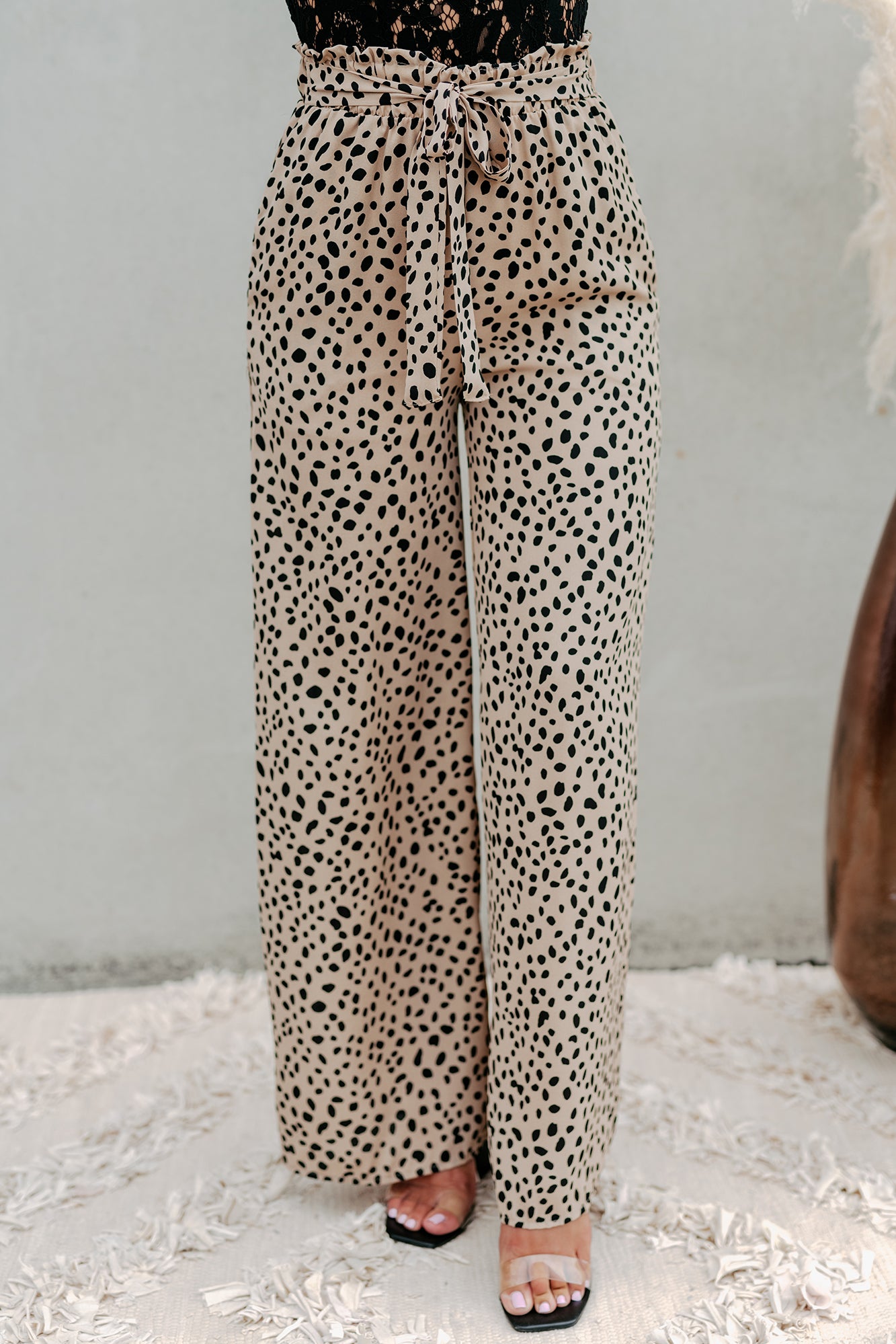 Fiercely Fashionable Wide Leg Printed Paperbag Pants (Taupe) - NanaMacs