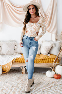 Beautiful Bond Long Sleeve Cut-Out Bodysuit (White/Taupe) - NanaMacs