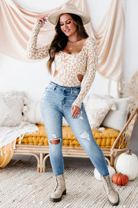 Beautiful Bond Long Sleeve Cut-Out Bodysuit (White/Taupe) - NanaMacs