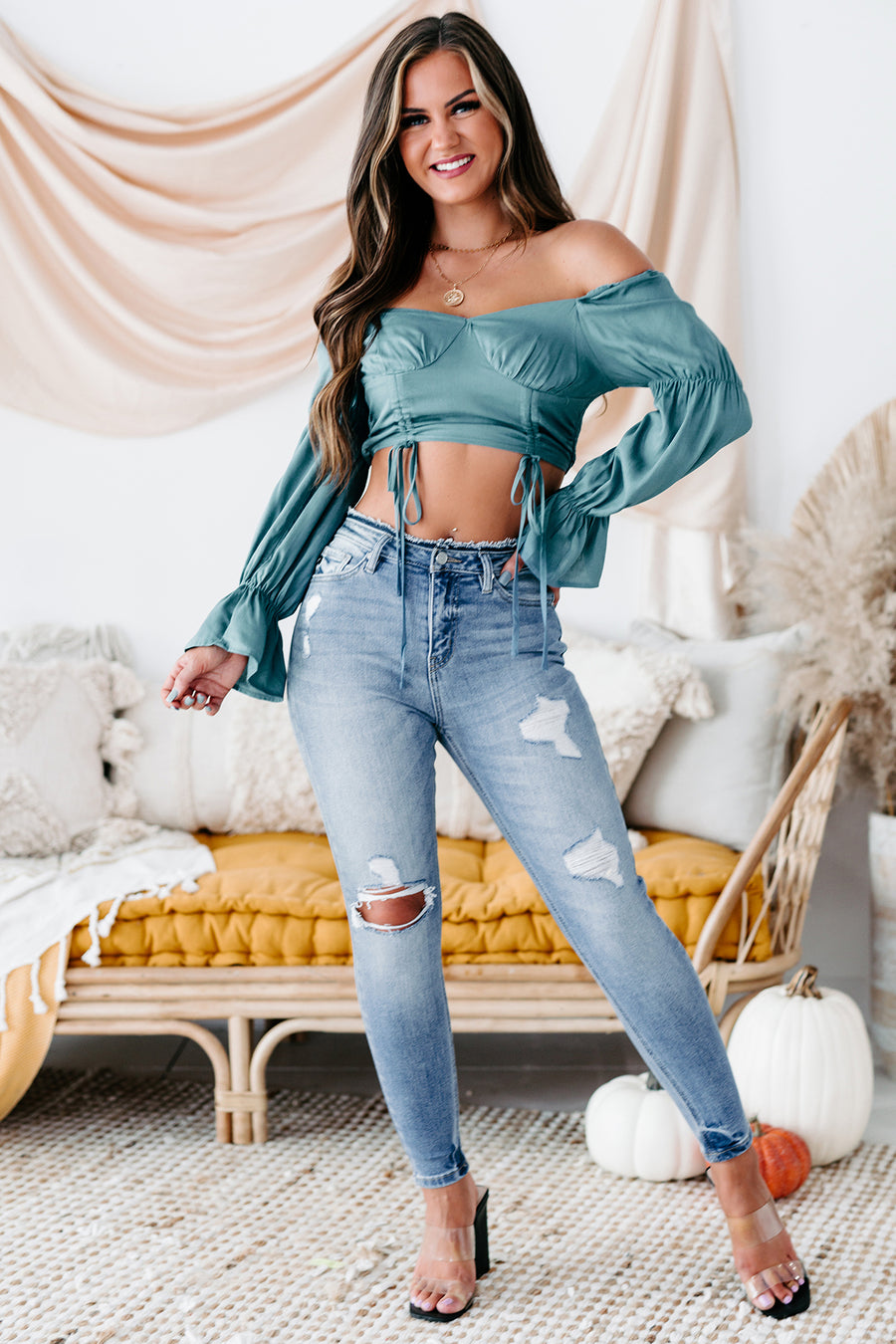 Means To An End Ruched Front Long Sleeve Crop Top (Teal) - NanaMacs