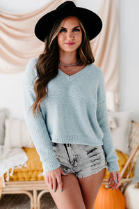 Sweet Lovin' Fuzzy Chenille V-Neck Sweater (Smoke Blue) - NanaMacs