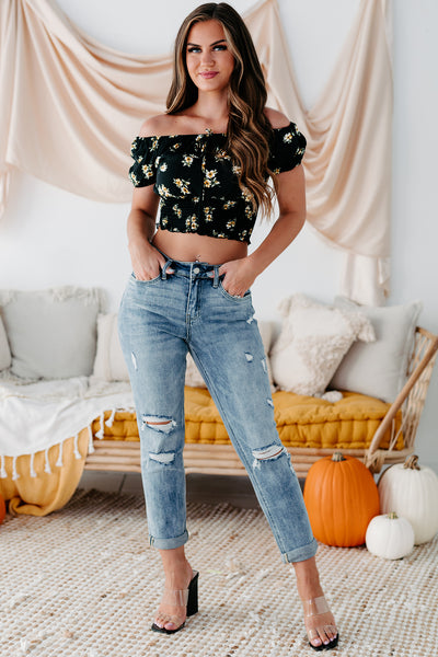 Fairground Fun Floral Off The Shoulder Smocked Crop Top (Black) - NanaMacs