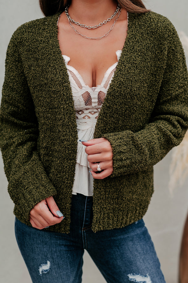 Staying Away Fuzzy Knit Cardigan (Olive) - NanaMacs