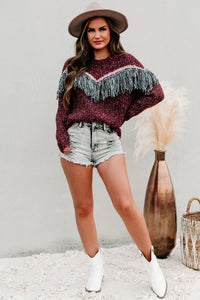 Fireside Feels Chunky Knit Fringe Sweater (Wine) - NanaMacs