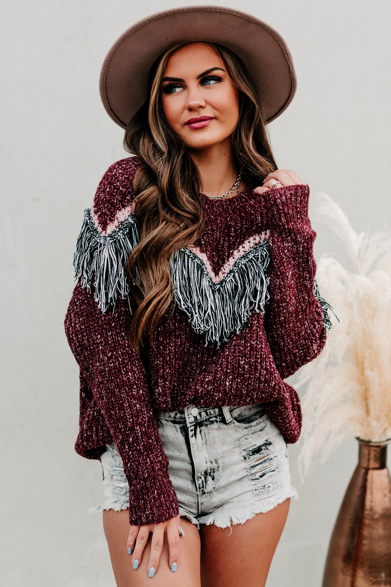 Fireside Feels Chunky Knit Fringe Sweater (Wine) - NanaMacs
