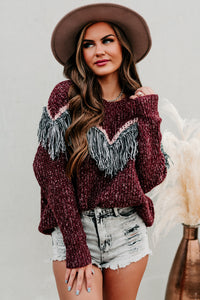 Fireside Feels Chunky Knit Fringe Sweater (Wine) - NanaMacs