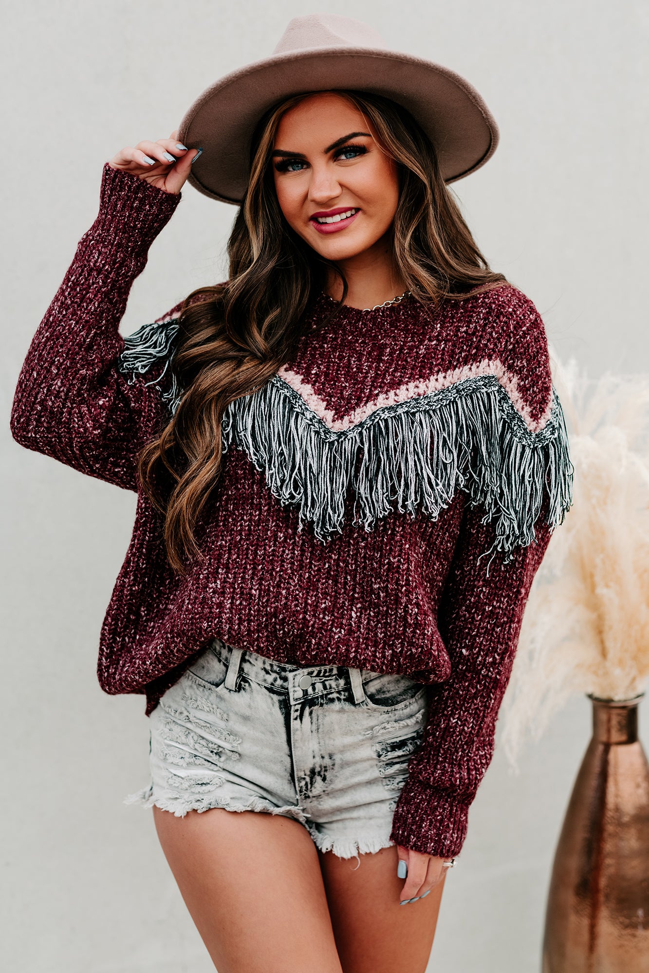 Fireside Feels Chunky Knit Fringe Sweater (Wine) - NanaMacs