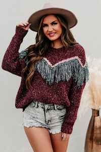 Fireside Feels Chunky Knit Fringe Sweater (Wine) - NanaMacs