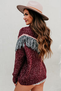 Fireside Feels Chunky Knit Fringe Sweater (Wine) - NanaMacs