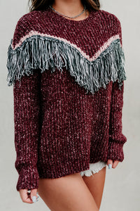 Fireside Feels Chunky Knit Fringe Sweater (Wine) - NanaMacs