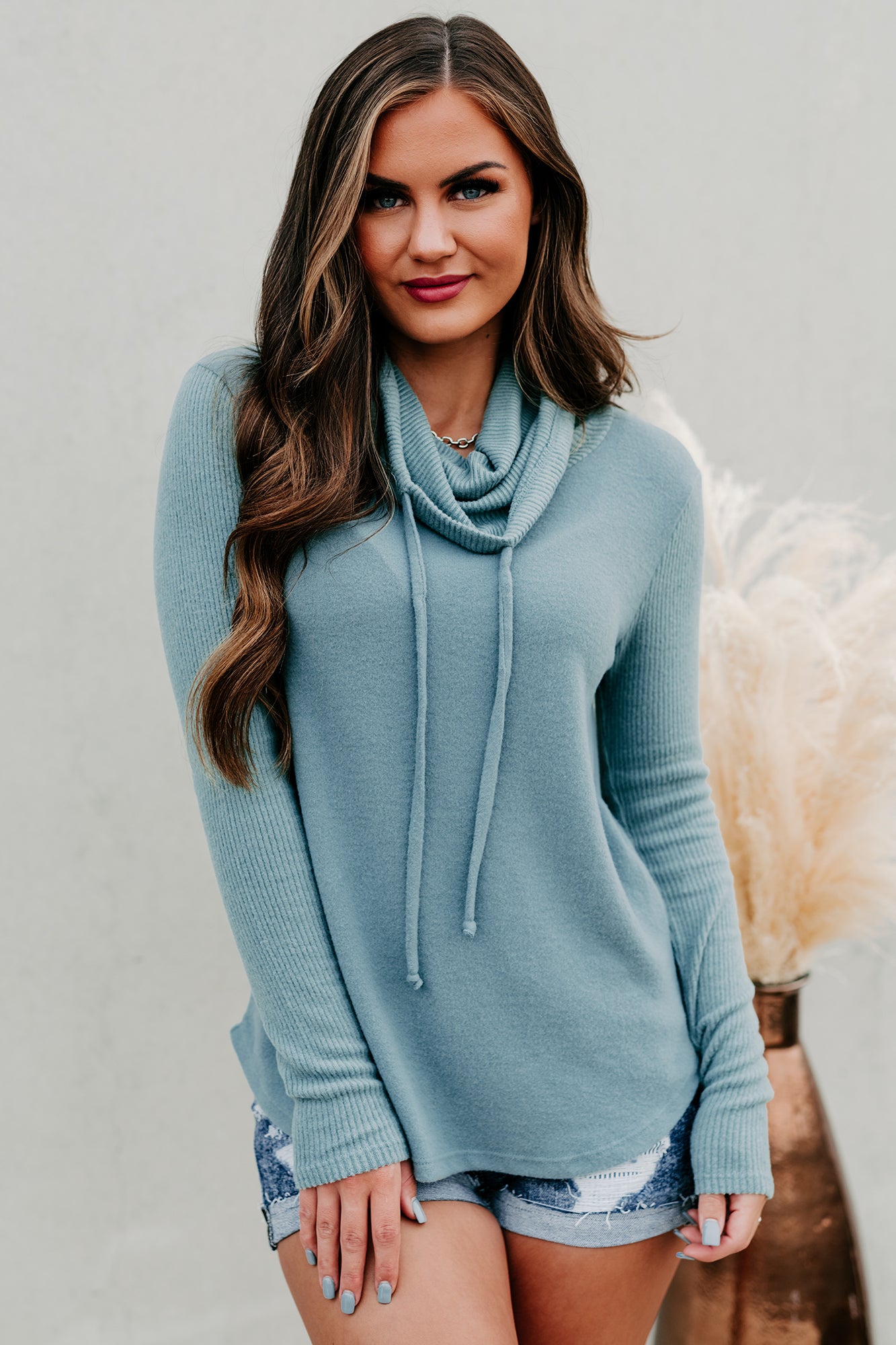 Reached My Limit Fleece Long Sleeve Cowl Neck Top (Light Jade) - NanaMacs