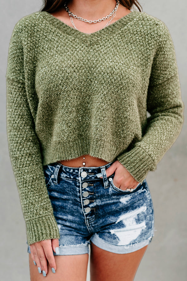 Sweet Lovin' Fuzzy Chenille V-Neck Sweater (Olive) - NanaMacs