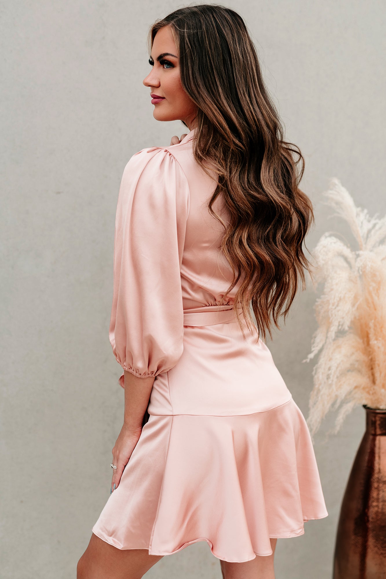 Elegant Edge Satin Wrap Dress (Blush) - NanaMacs