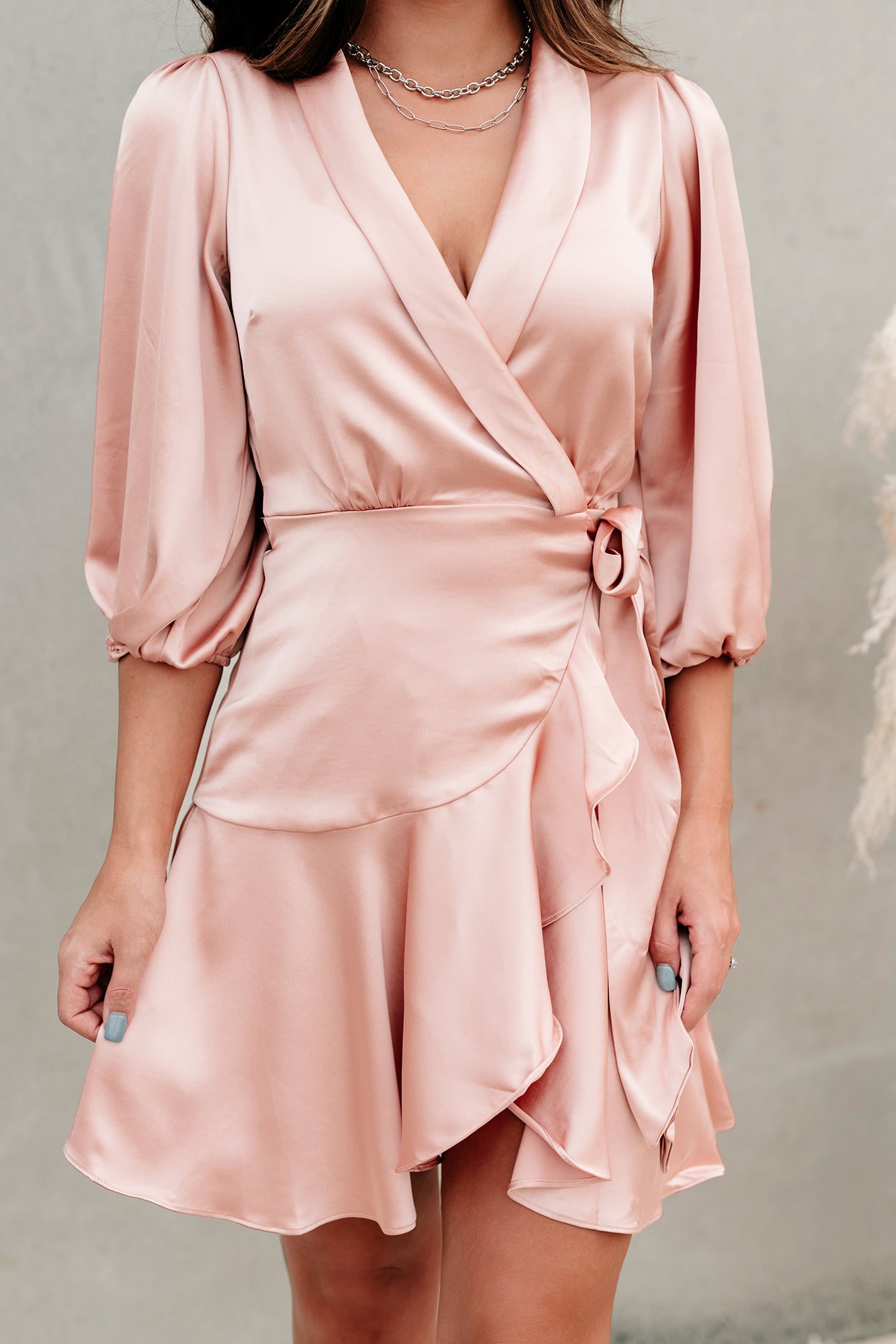 Elegant Edge Satin Wrap Dress (Blush) - NanaMacs
