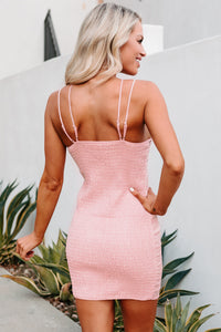 Call My Agent Crochet Lace Smocked Back Bodycon (Blush) - NanaMacs