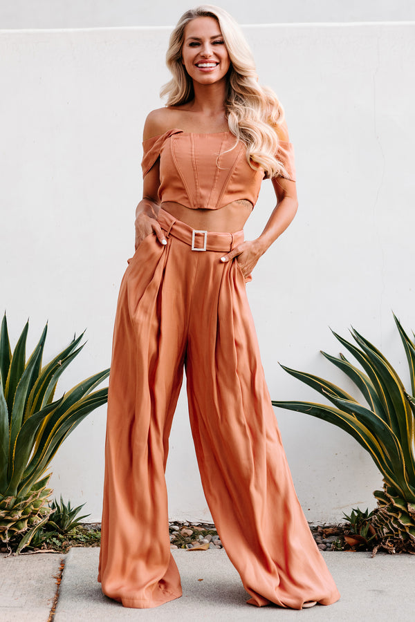 Glimmer & Shine Off The Shoulder Corset Top & Palazzo Pants Set (Cognac) - NanaMacs