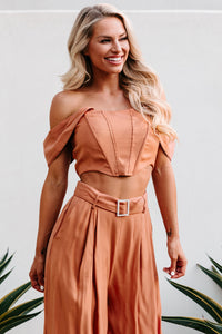 Glimmer & Shine Off The Shoulder Corset Top & Palazzo Pants Set (Cognac) - NanaMacs