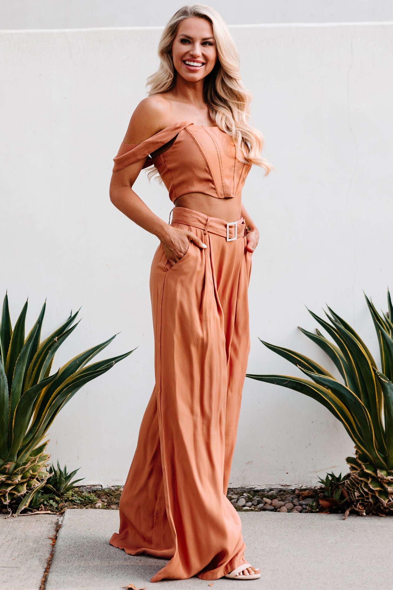 Glimmer & Shine Off The Shoulder Corset Top & Palazzo Pants Set (Cognac) - NanaMacs