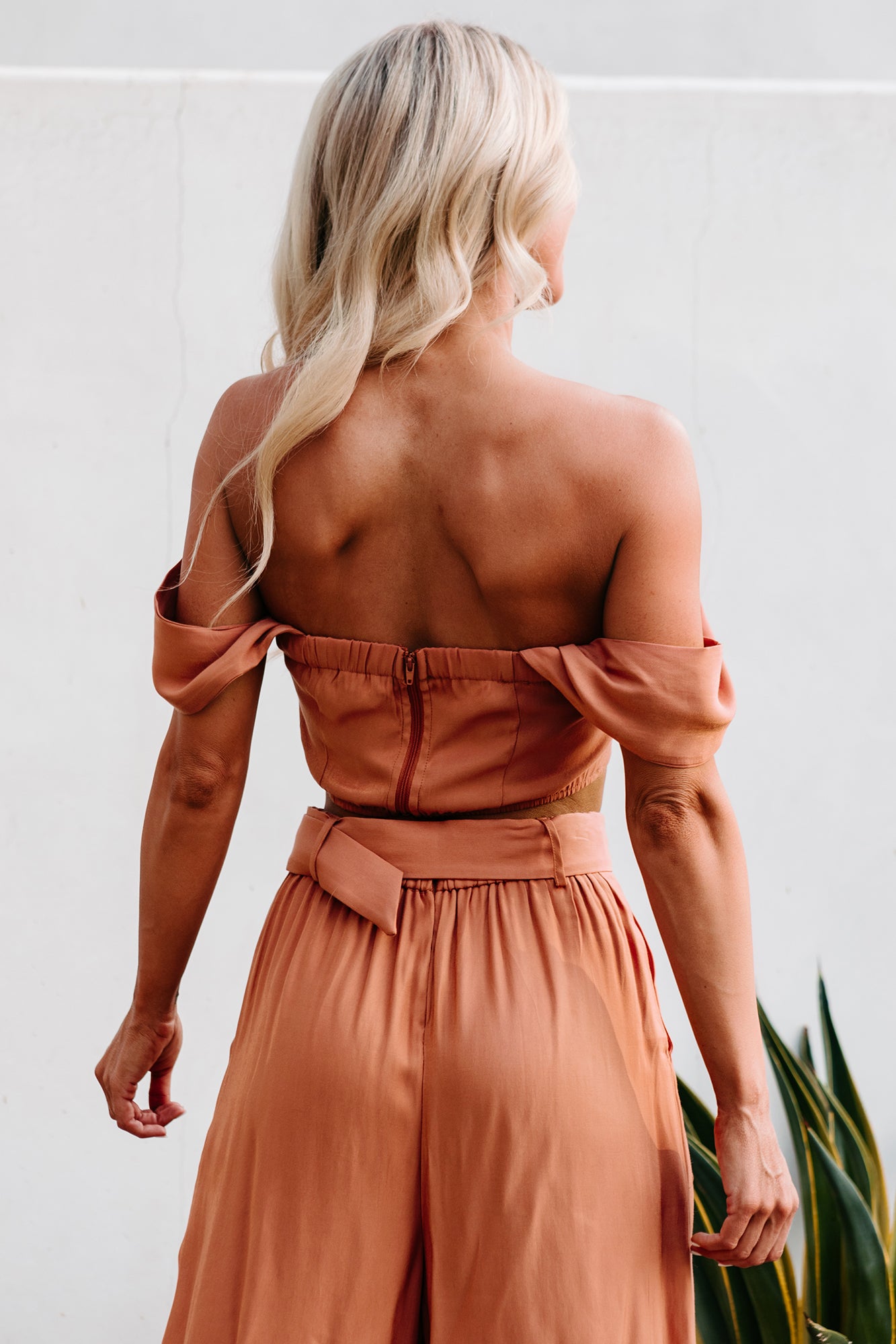 Glimmer & Shine Off The Shoulder Corset Top & Palazzo Pants Set (Cognac) - NanaMacs