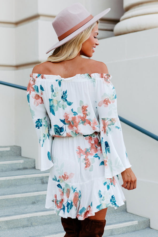 Pretty & Pleasant Floral Print Off The Shoulder Romper (Off White) - NanaMacs