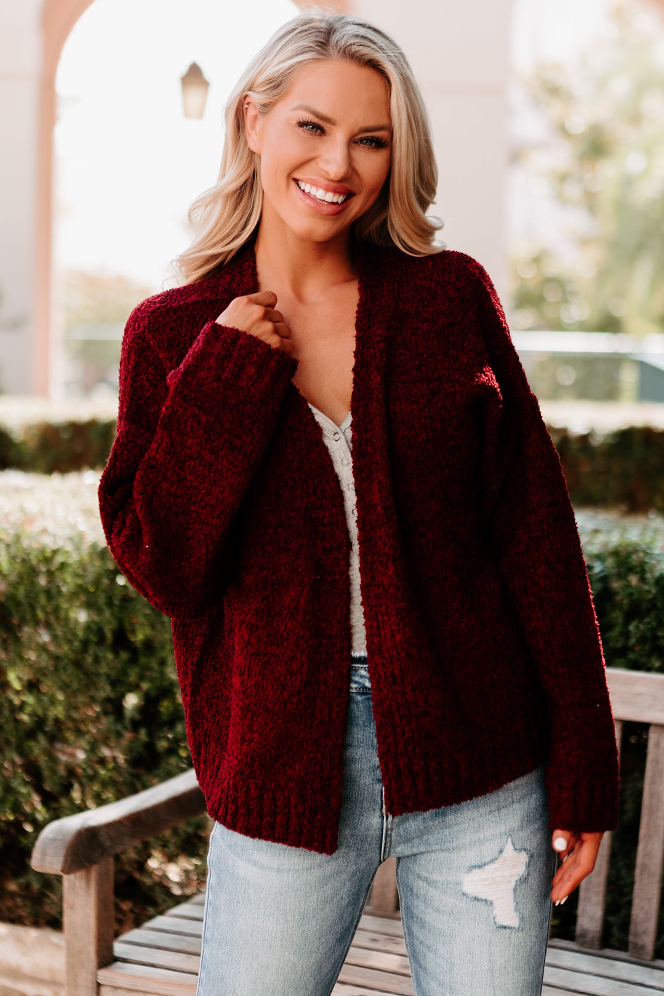 Small Staying Away Fuzzy Knit Cardigan Burgundy