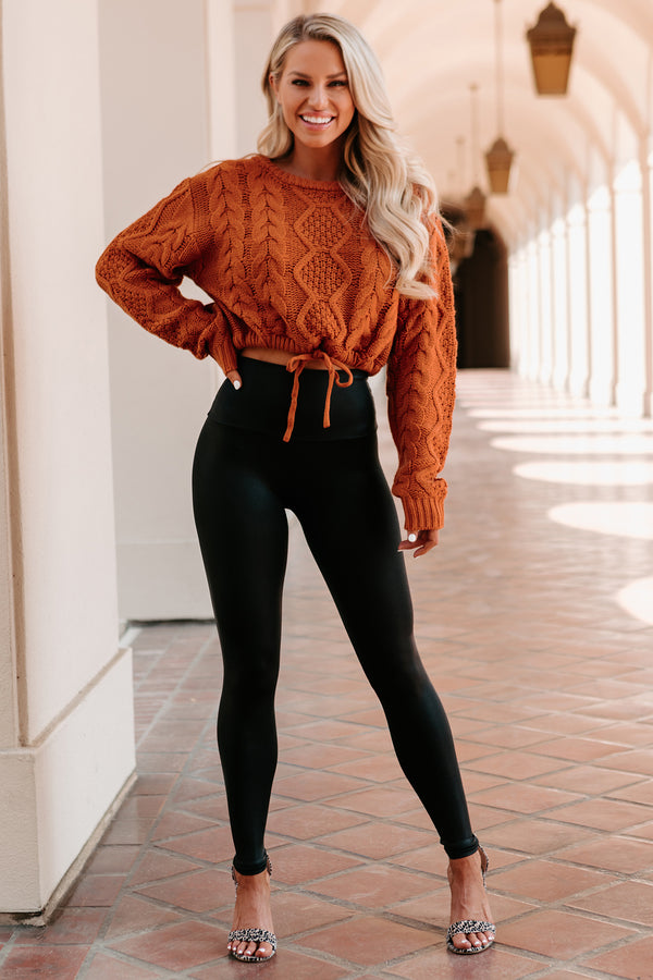 Points To Cozy Drawstring Hem Cropped Cable Knit Sweater (Burnt Orange) - NanaMacs