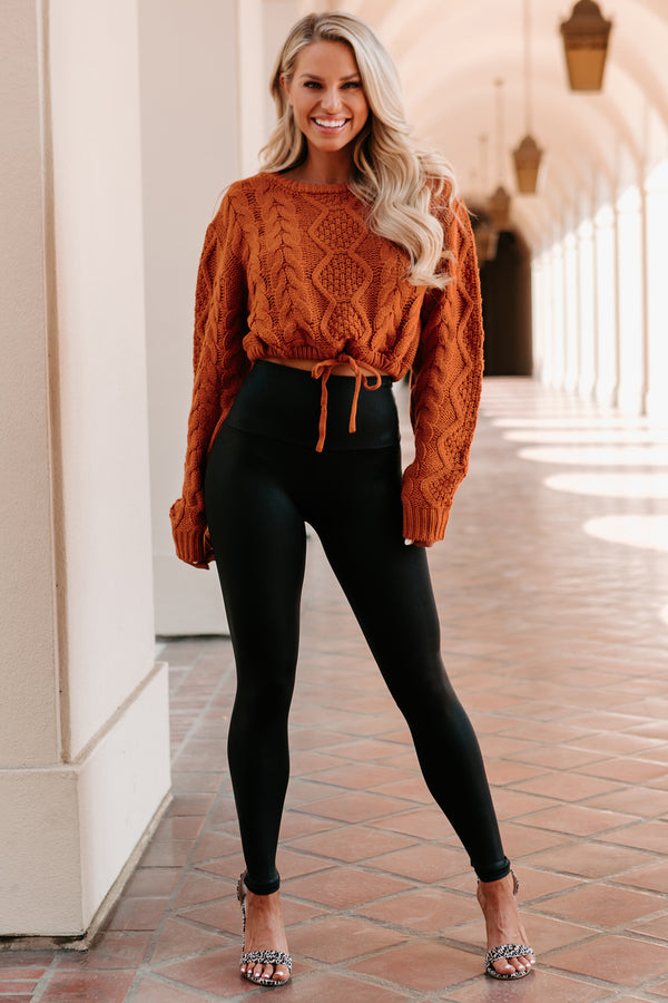 Points To Cozy Drawstring Hem Cropped Cable Knit Sweater (Burnt Orange) - NanaMacs