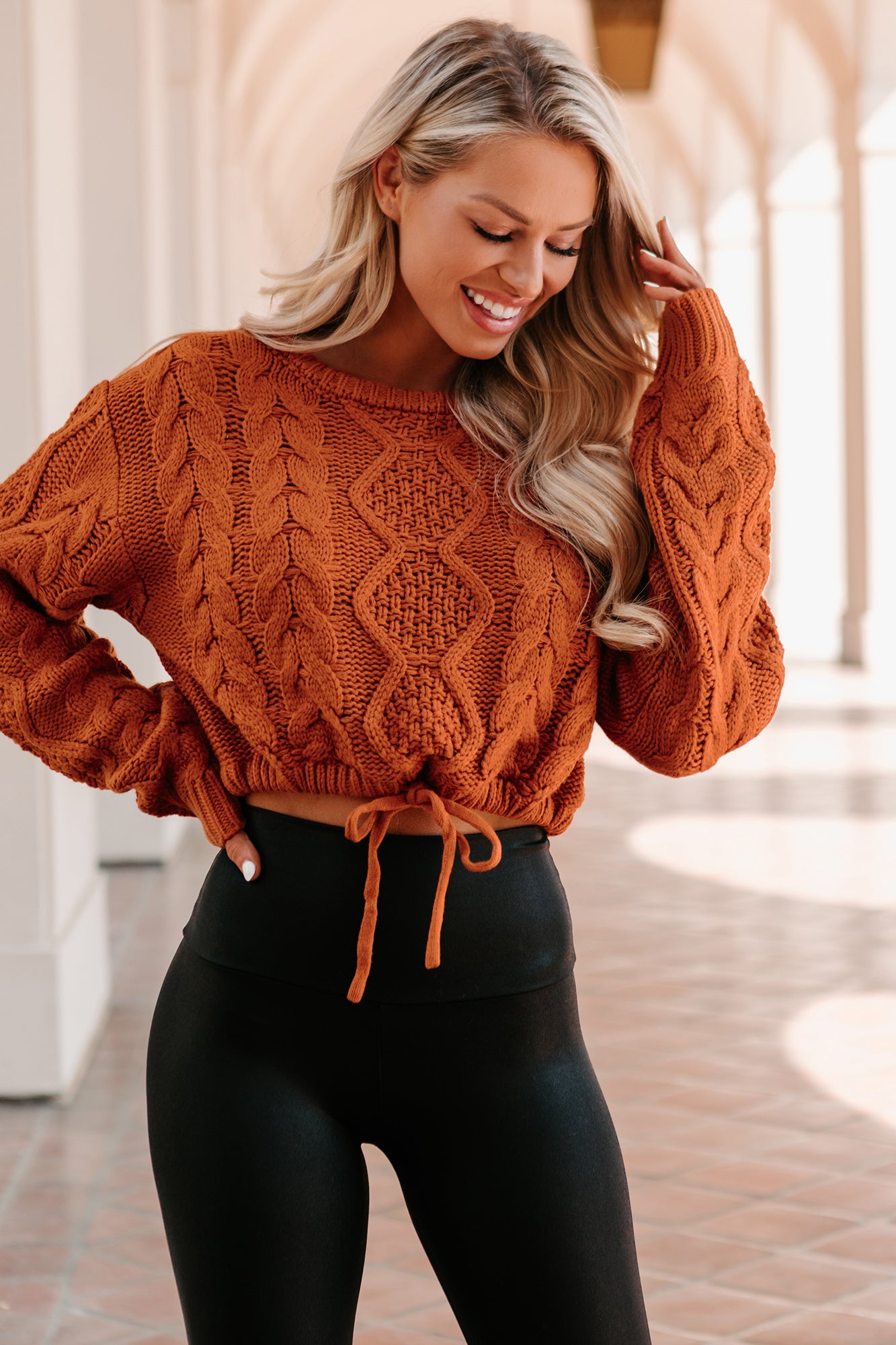 Points To Cozy Drawstring Hem Cropped Cable Knit Sweater (Burnt Orange –  NanaMacs