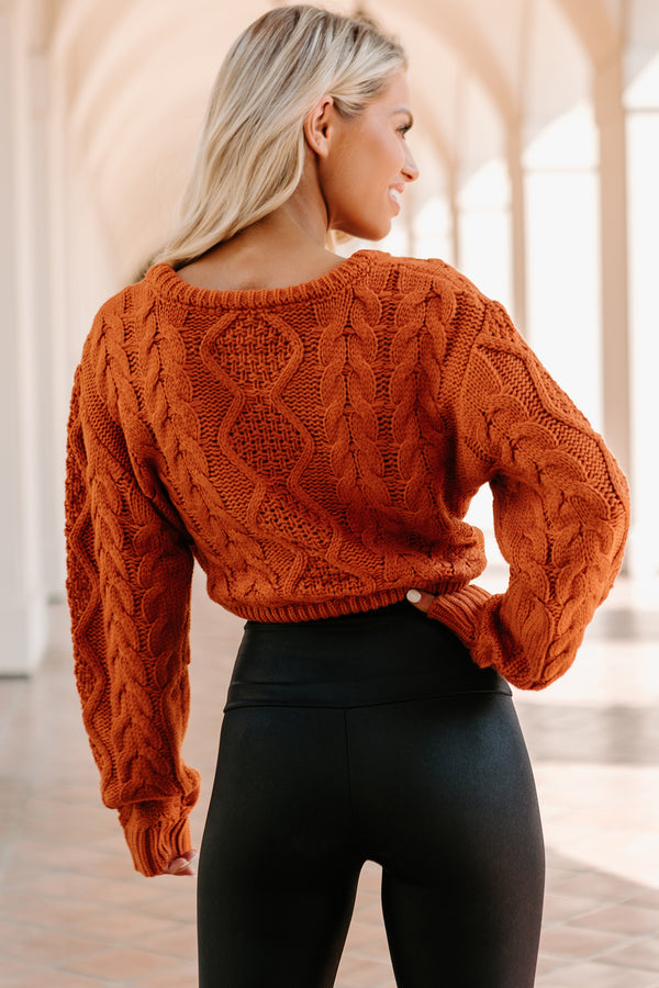 Points To Cozy Drawstring Hem Cropped Cable Knit Sweater (Burnt Orange) - NanaMacs