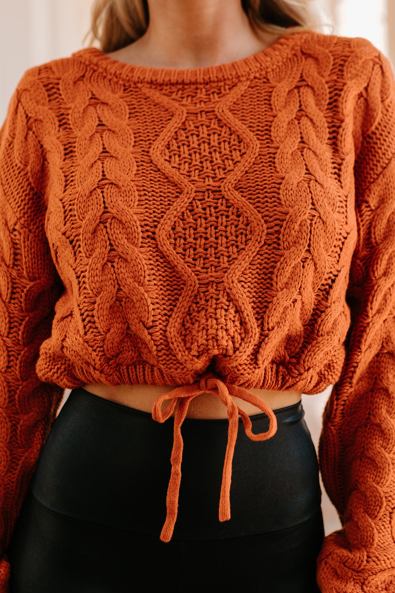 Points To Cozy Drawstring Hem Cropped Cable Knit Sweater (Burnt Orange) - NanaMacs