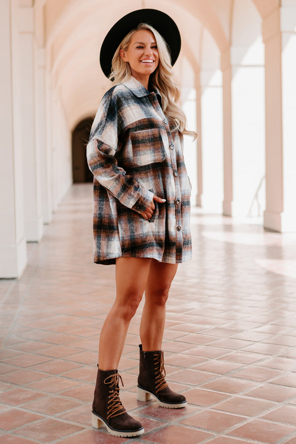 Good To Be Plaid Oversized Plaid Flannel (Navy/Brown) - NanaMacs