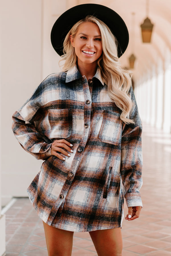 Good To Be Plaid Oversized Plaid Flannel (Navy/Brown) - NanaMacs