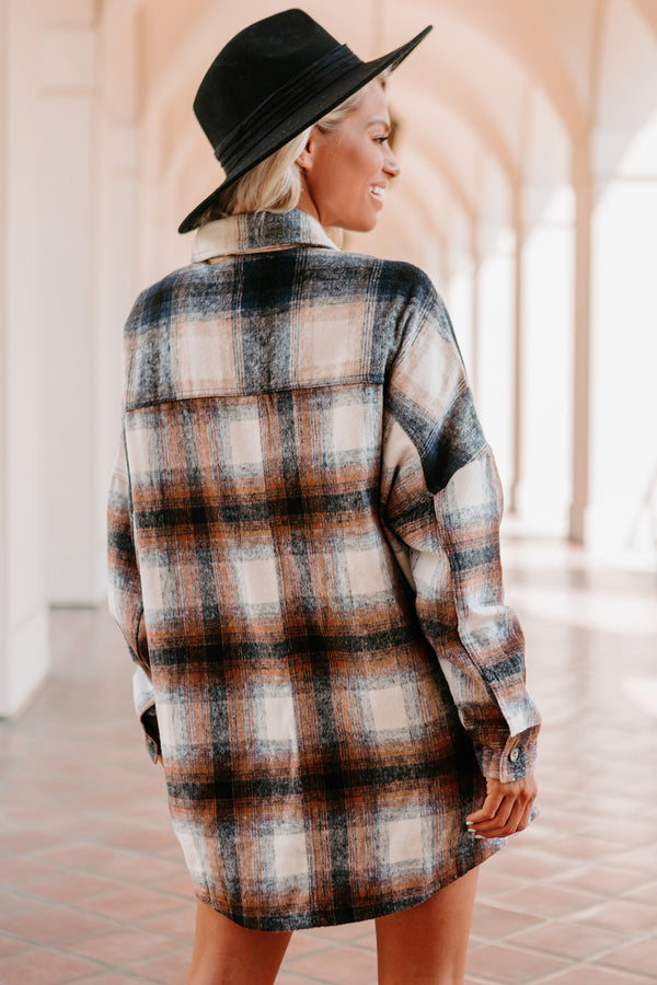 Good To Be Plaid Oversized Plaid Flannel (Navy/Brown) - NanaMacs