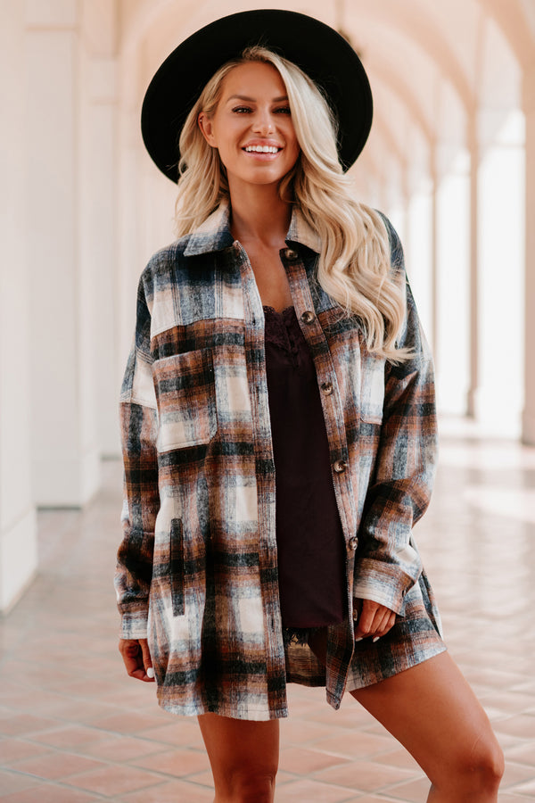 Good To Be Plaid Oversized Plaid Flannel (Navy/Brown) - NanaMacs