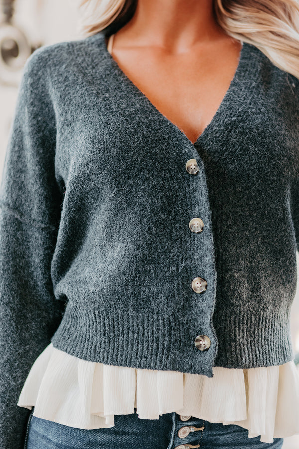 "Picked The Best One" Cropped Button-Front Sweater (Slate Blue) - NanaMacs