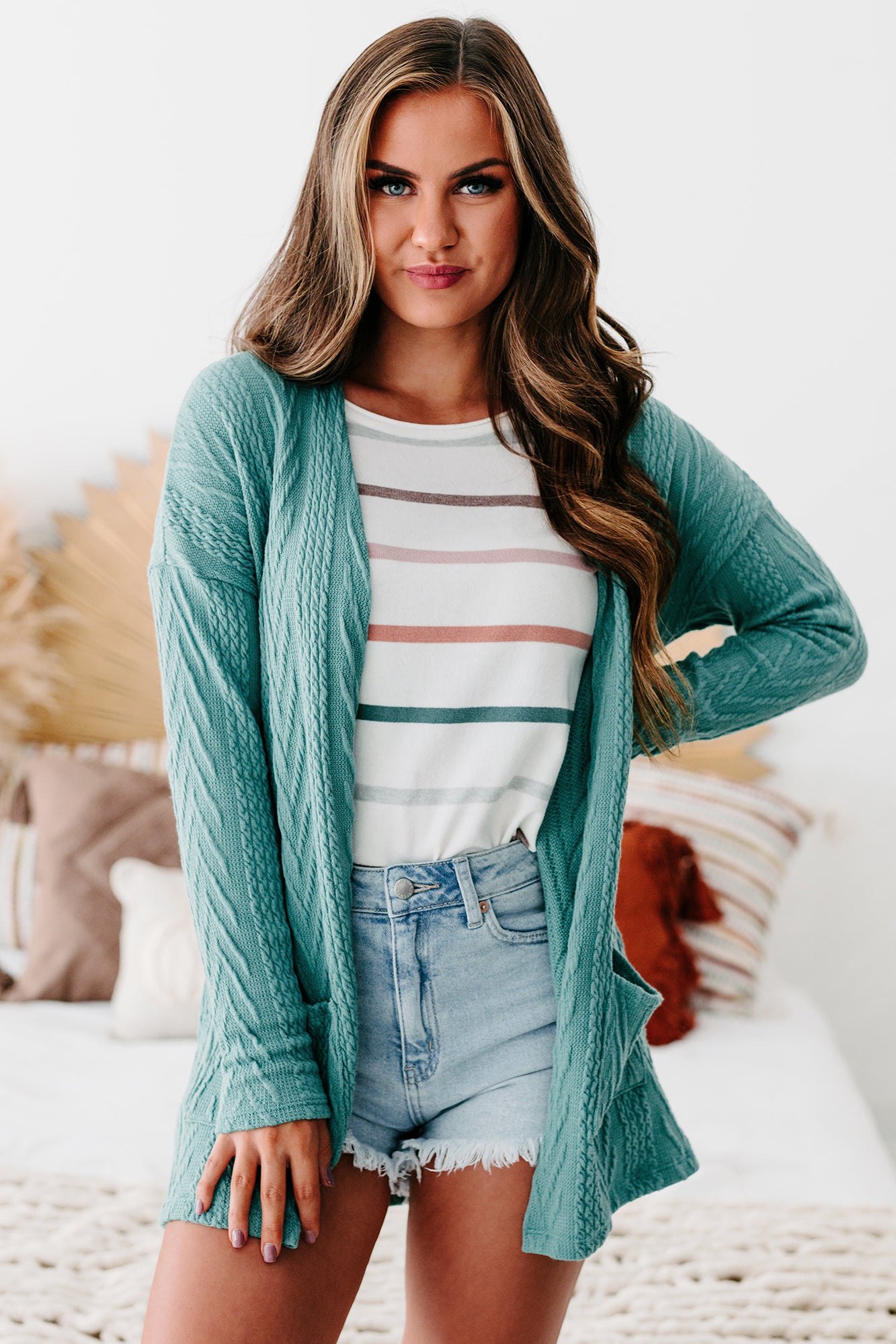 Simply Serene Open Front Textured Knit Cardigan (Light Teal) - NanaMacs