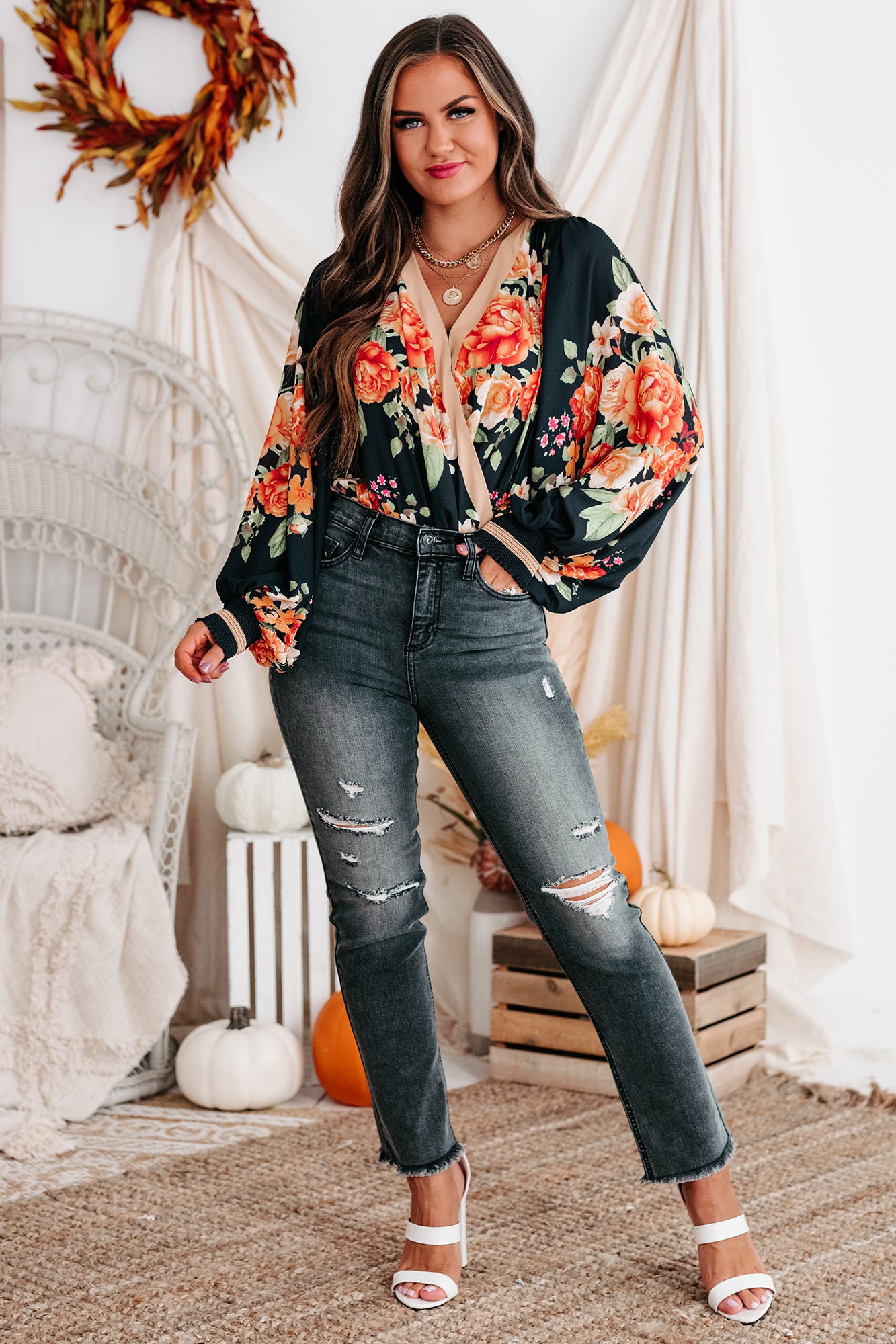 Bold Decisions Long Sleeve Floral Bodysuit (Black) - NanaMacs