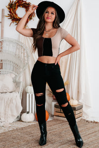 Pique Your Interest Color Block Crop Top (Black) - NanaMacs