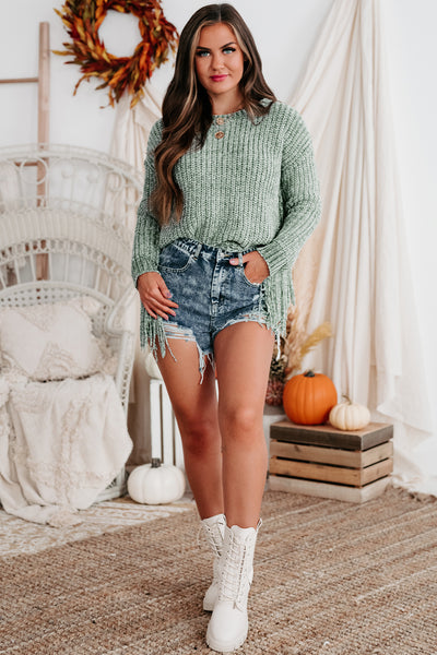 Barnette Chenille Fringe Sleeve Knit Sweater (Dusty Sage) - NanaMacs
