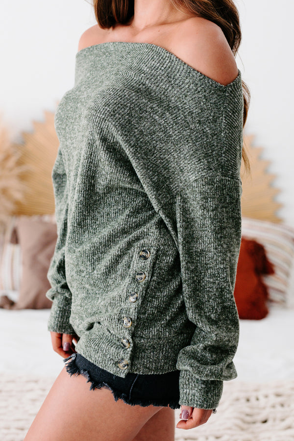 Mellowed Mindset Ribbed Off The Shoulder Sweater (Olive) - NanaMacs