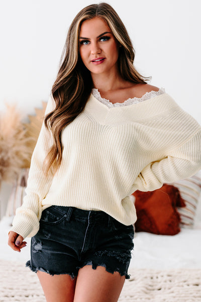 Jump In Lace Trimmed V-Neck Sweater (Cream) - NanaMacs