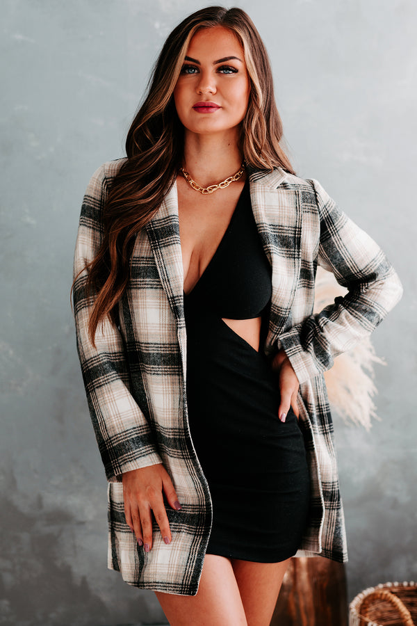 Simmer Down Open-Front Plaid Jacket (Black) - NanaMacs