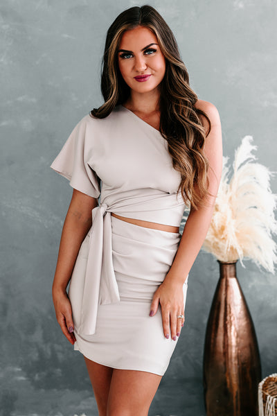 Gambling On You Satin One Shoulder Tied Cut-Out Mini Dress (Champagne) - NanaMacs