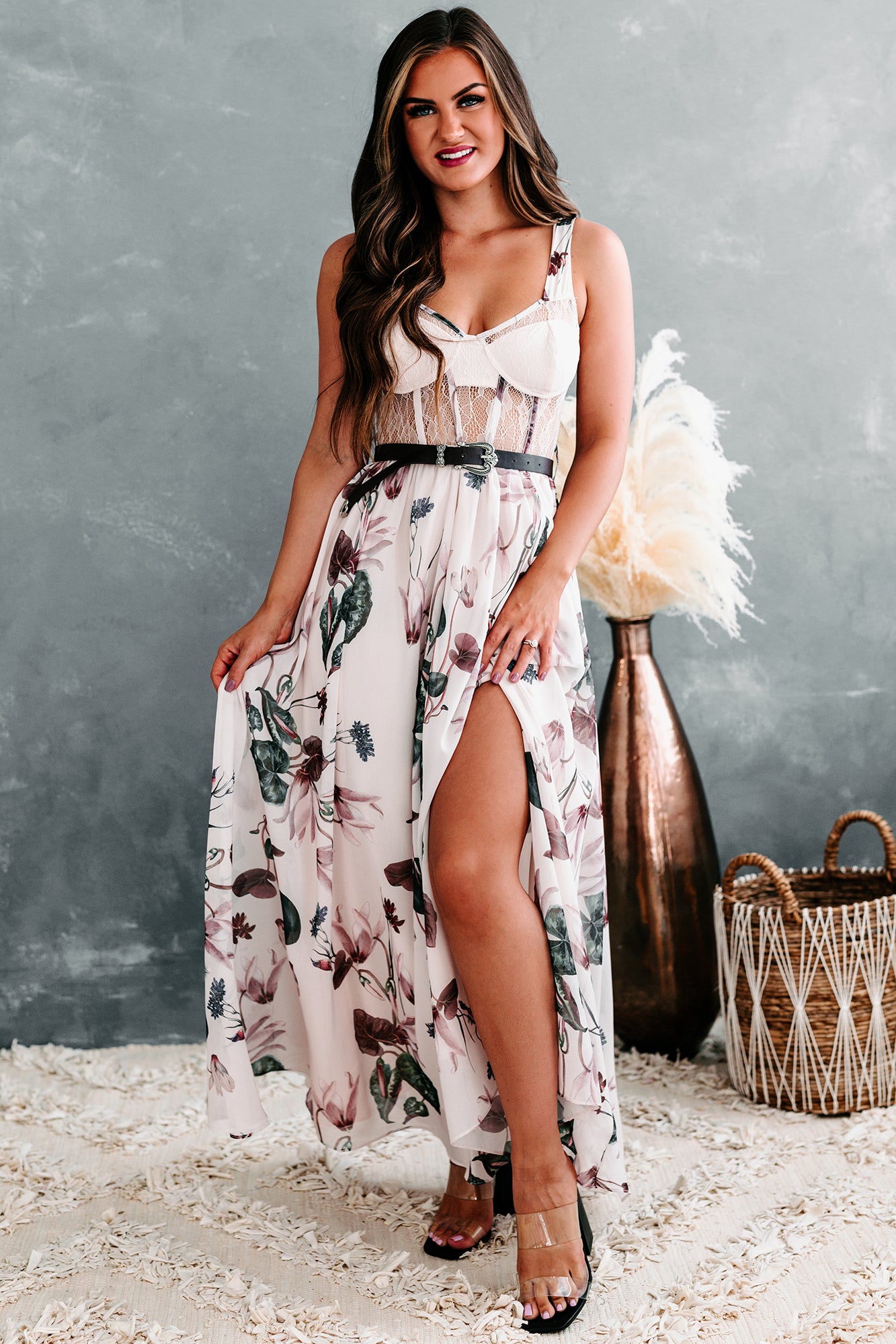 Romantic Reasons Lace Bustier Floral Maxi Dress (Mauve) - NanaMacs