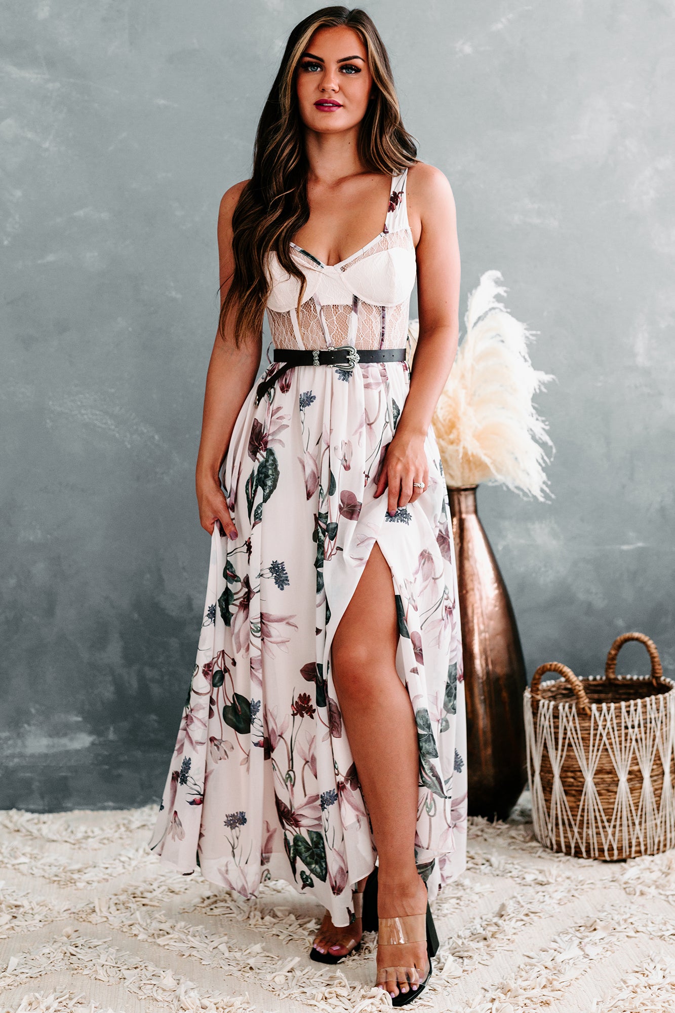 Romantic Reasons Lace Bustier Floral Maxi Dress (Mauve) - NanaMacs