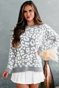 All Warm & Cuddly Fuzzy Leopard Print Sweater (Grey/Ivory) - NanaMacs