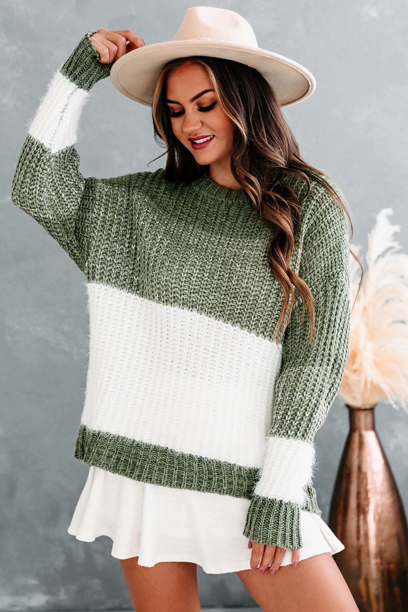 Want For Nothing Fuzzy Color Block Sweater (Olive) - NanaMacs