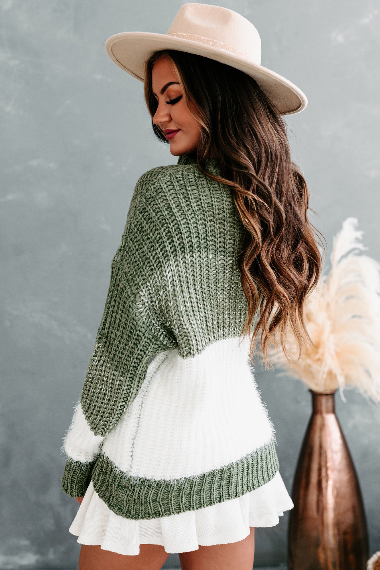 Want For Nothing Fuzzy Color Block Sweater (Olive) - NanaMacs