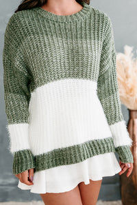 Want For Nothing Fuzzy Color Block Sweater (Olive) - NanaMacs