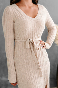 Philadelphia Feels Long Sleeve Cable Knit Midi Dress (Beige) - NanaMacs